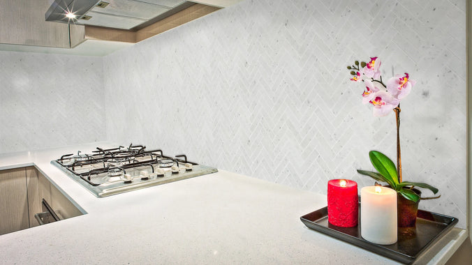 White Carrara Honed 1" X 4" Herringbone kitchen tiles