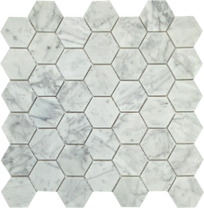 White Carrara Honed 2" Hexagon Mosaic tiles wall