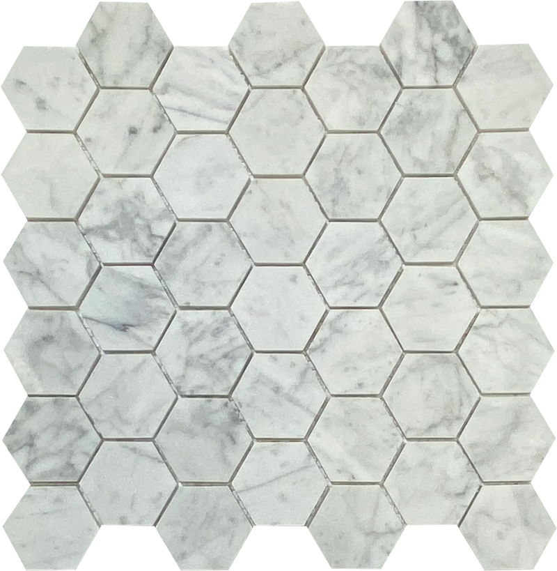 White Carrara Honed 2" Hexagon Mosaic tiles wall