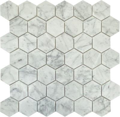 White Carrara Honed 2" Hexagon Mosaic white tiles wall