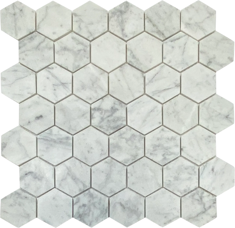White Carrara Honed 2" Hexagon Mosaic white tiles wall