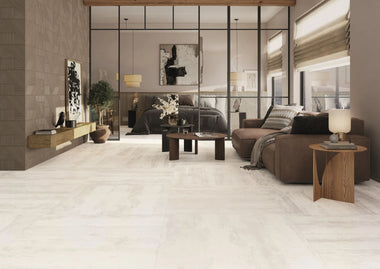 40" by 40" Inari stone look porcelain tiles in living room