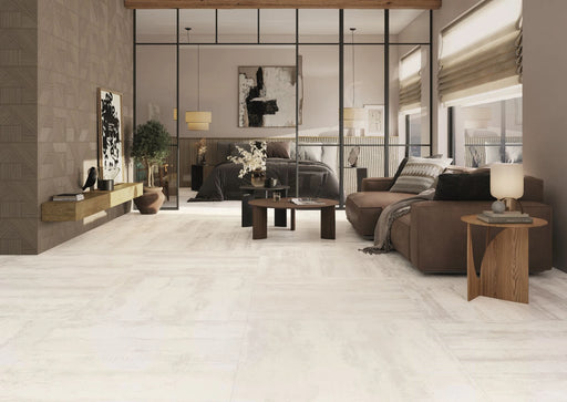 40" by 40" Inari stone look porcelain tiles in living room 