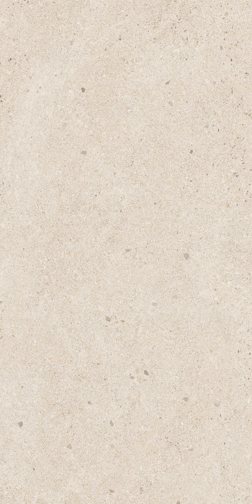 Cream Terrazzo matte porcelain gres tile, 9mm thick, rectified edges. Durable full-body porcelain for indoor and outdoor architectural use. Color: Cream, Size 5 3/4" x 24"
