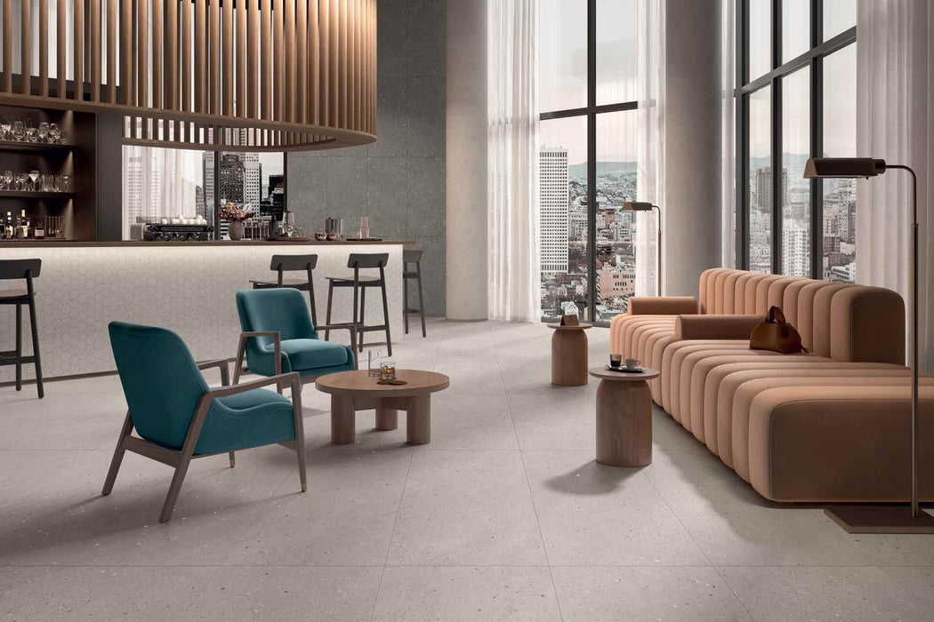 Cream Terrazzo Matte Porcelain Gres Tile Pearl Obsidian Coffe Bar2