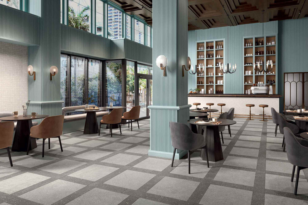 Cream Terrazzo Matte Porcelain Gres Tile Basalt Obsidian Pearl Breakfast Room Hotel 3