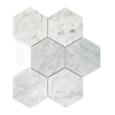 White Carrara Honed 4" Hexagon Mosaic bathroom white tiles wall