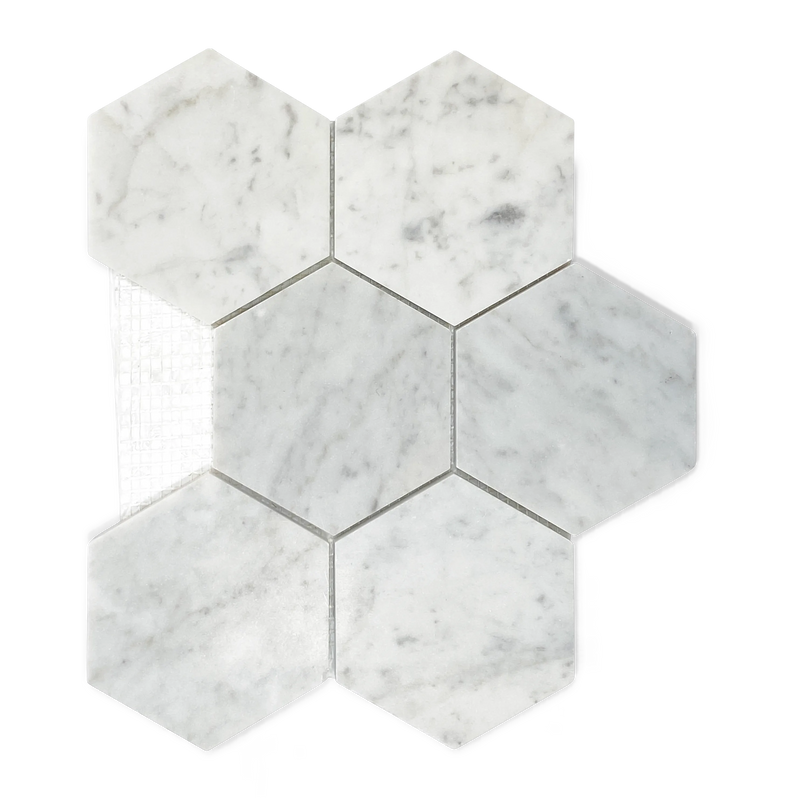 White Carrara Honed 4" Hexagon Mosaic bathroom white tiles wall