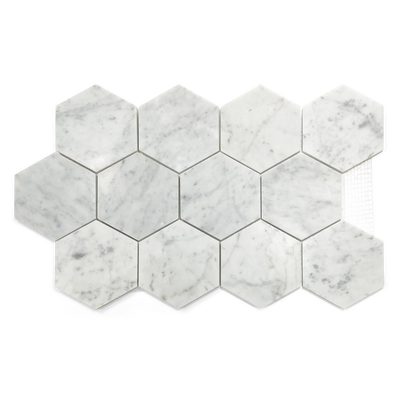 White Carrara Honed 4" Hexagon Mosaic white tiles wall