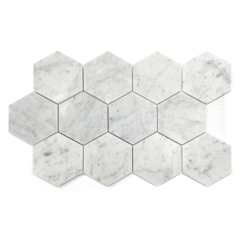White Carrara Honed 4" Hexagon Mosaic white tiles wall