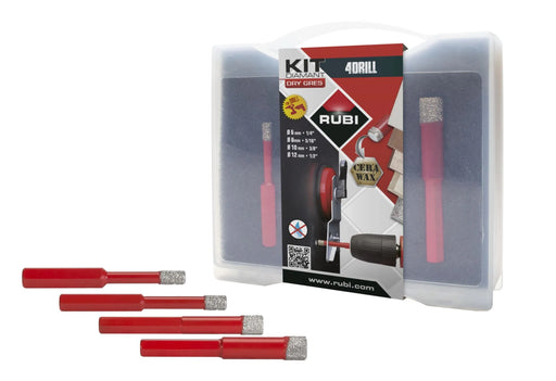 4 diamond drill bits included in the Rubi Drygres 4Drill Kit 