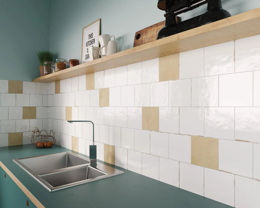 agadir niebla and cotto oscuro porcelain kitchen feature wall tile