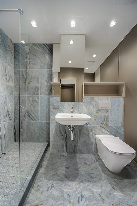 blue valley marble natural stone shower tile in 6" x 12" size