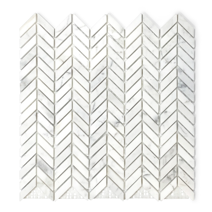 Calacatta Gold 1/2 x 1 Mini Chevron tiles bathroom wall