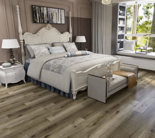 classic lodge gray brown wood lvp flooring bedroom