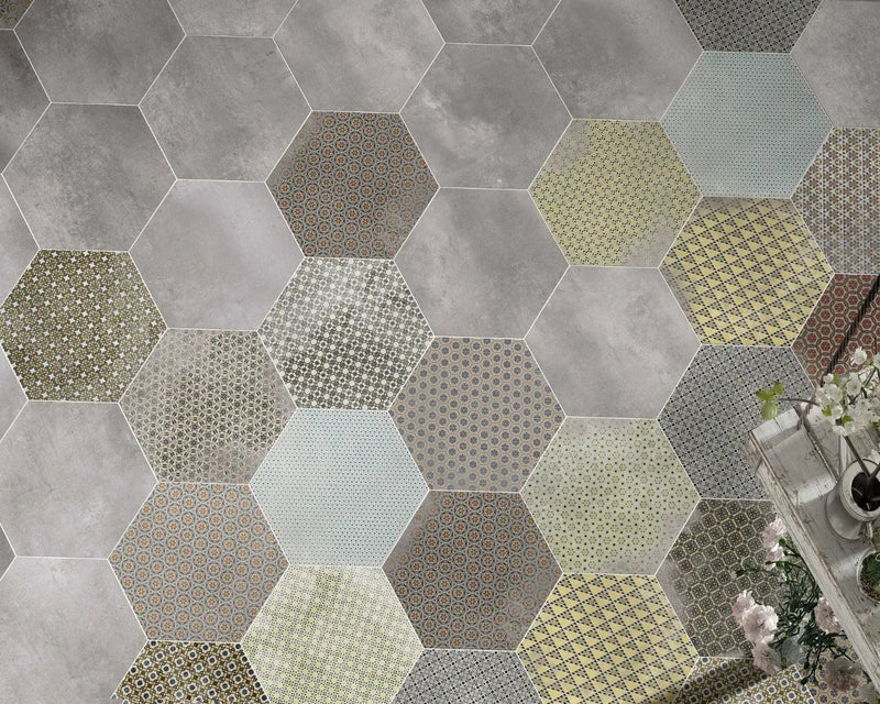 hexagon bloom grey matte finish tiles wall