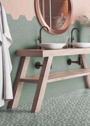 Flamingo Light Green And Leslie Hexagon Tile for bathroom