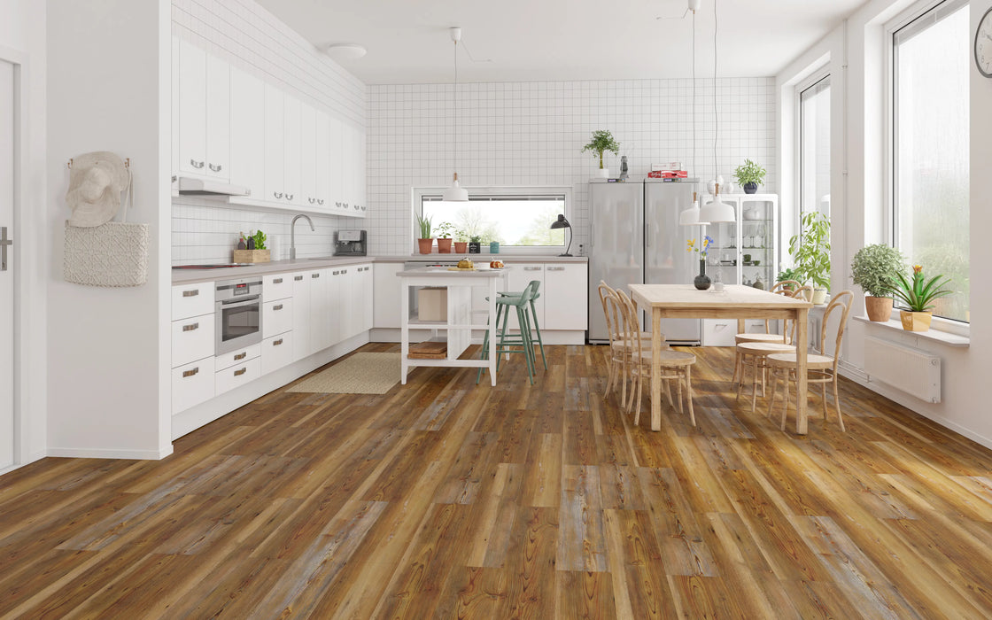 golden pine brown wood lvp kitchen flooring