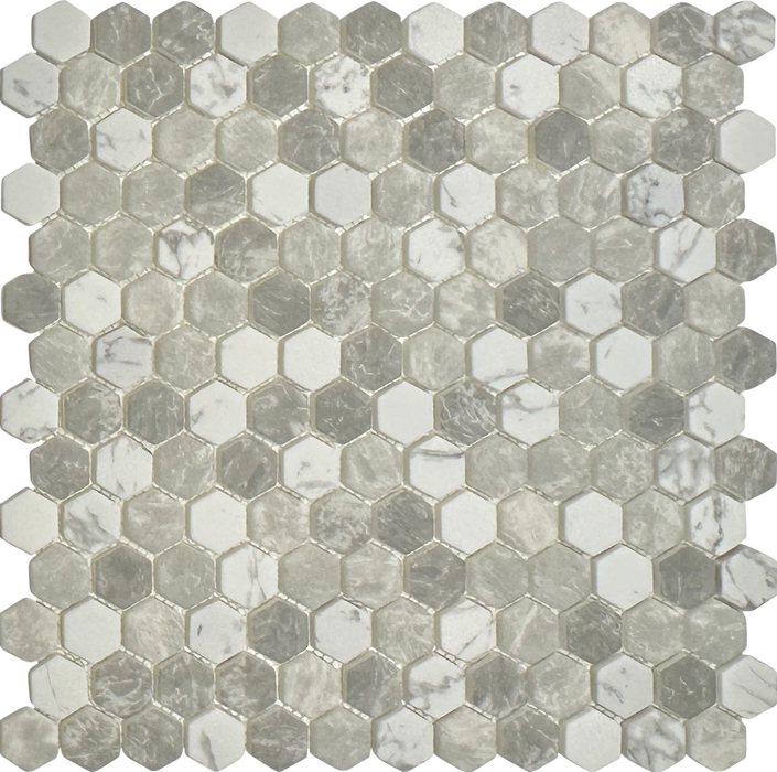 hand-cut 1 inch hexagon recycled glass mosaic tile