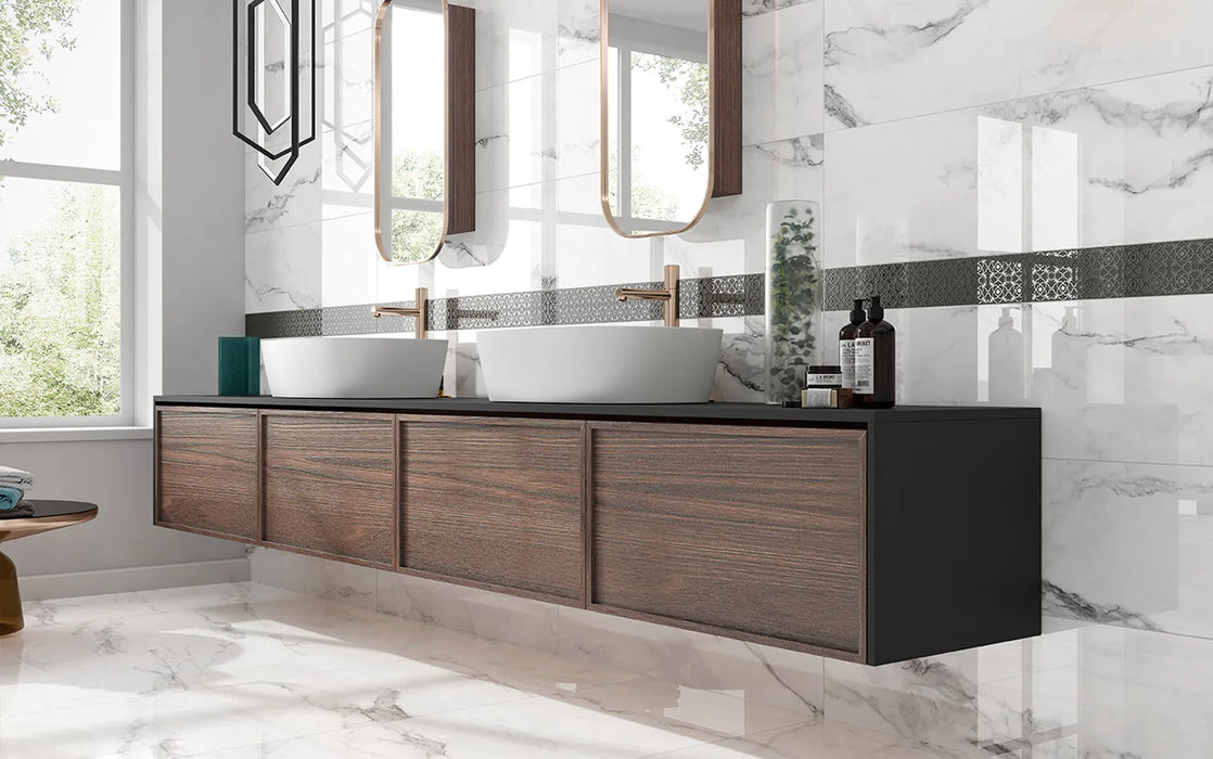 insignia white marble matte finish porcelain grey veins bathroom sink wall tiles