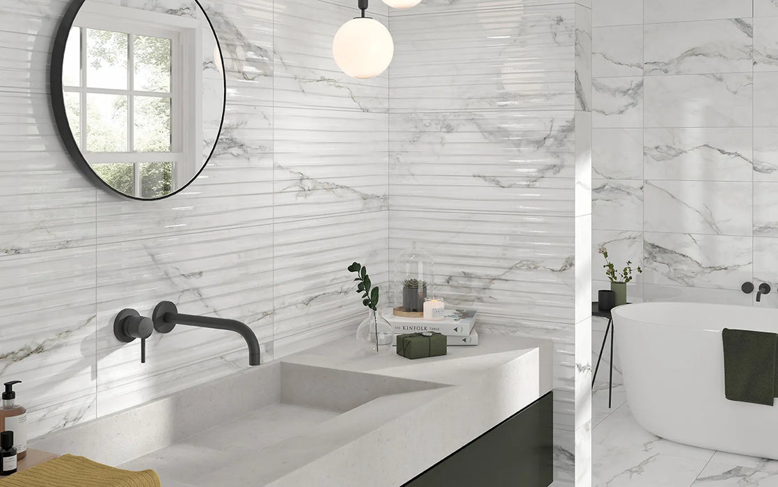 insignia white marble matte finish porcelain grey veins bathroom wall 24 inch by 48 inch tile