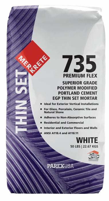 merkrete thin set 735 premium flex white 50 pound bag
