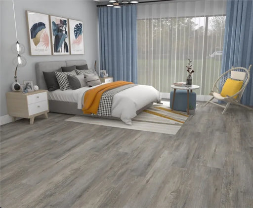 placid cabin grey brown lvp flooring bedroom