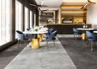 Timeless dining room grey and black tiles wall and floor