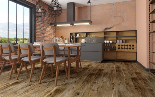 vintage cabin warm brown lvp flooring kitchen