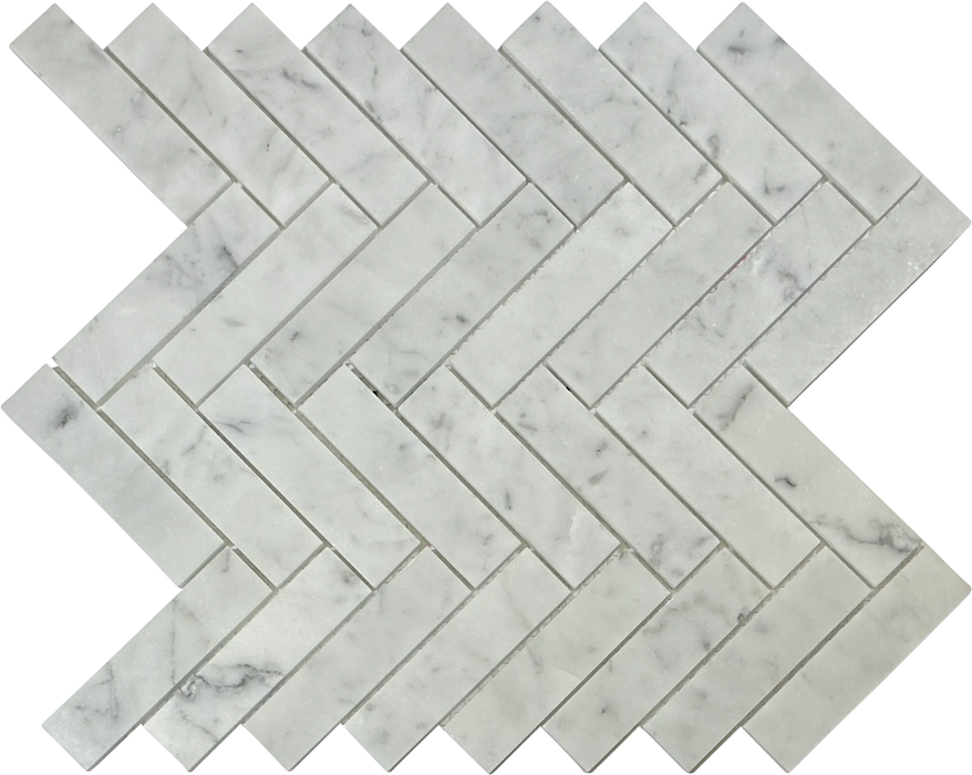 White Carrara Honed 1" X 4" Herringbone marble tiles