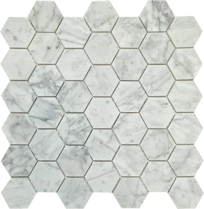 White Carrara Honed 2" Hexagon Mosaic tiles wall